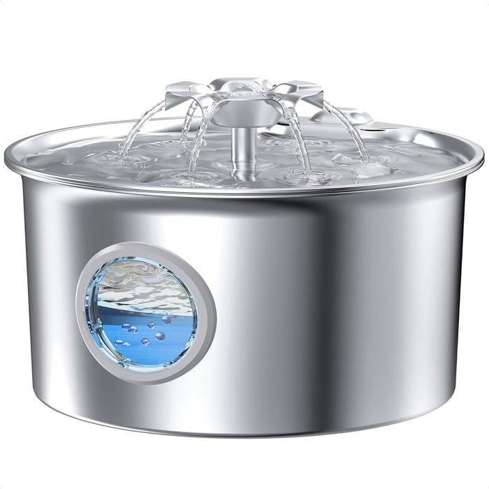 Fontaine à eau chat et chien 2 6 L distributeur automatique acier inoxydable avec fenêtre niveau deau et fleur cascade