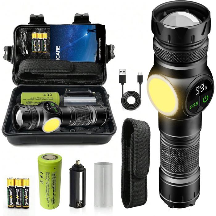 Lampe Torche LED Ultra Puissante 600000 Lumens - Lampe de Poche Rechargeable 5000mAh - XHP70.2 Zoomable 9 Modes - IP67