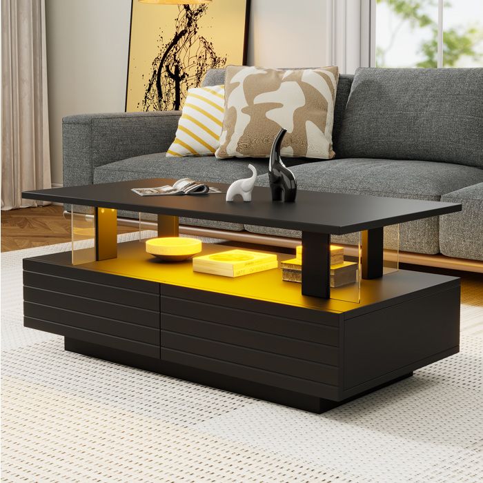 VUENOR Table basse LED noire 100 x 50 x 42 5 cm en acrylique avec 2 tiroirs et étagère ouverte