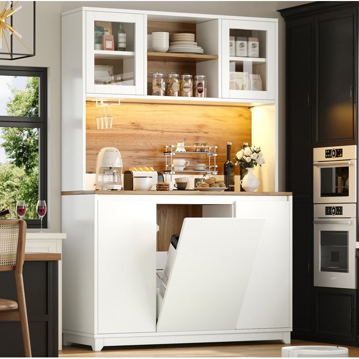 Buffet de cuisine 5 Portes Niche Ouverte LED et Compartiment Poubelle - BEAUNIV - Blanc 120×40×180 cm