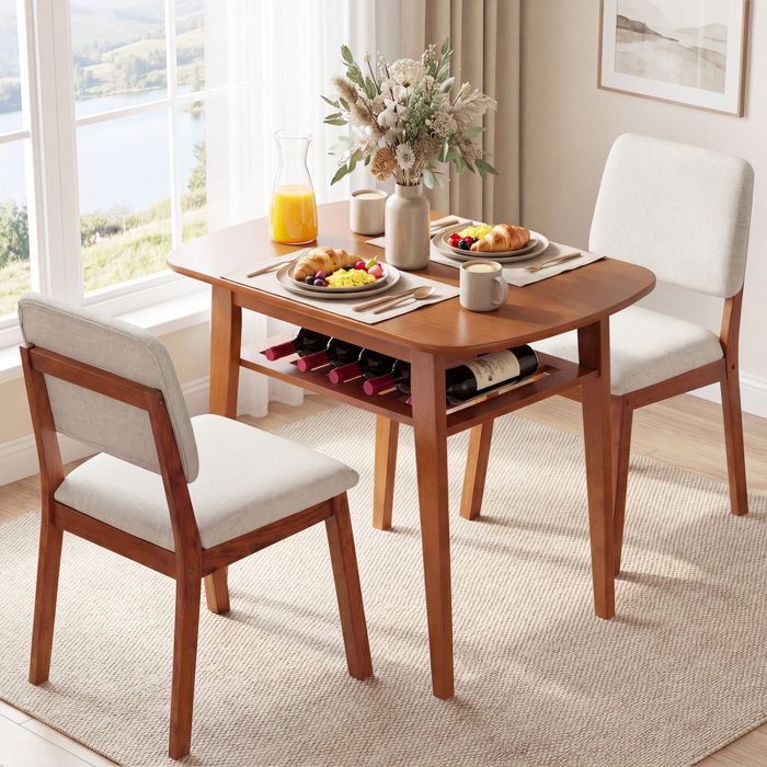 Set table 2 places avec chaises capitonnées rangement pratique bois massif cerisier design naturel pour petits espaces