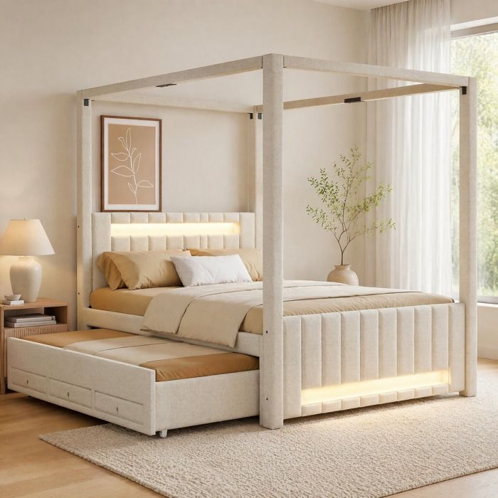 Lit à Baldaquin Double 140×200 cm Gigogne 3 Tiroirs et LED - HAVRYA - Sans Matelas Lin et Bois Beige