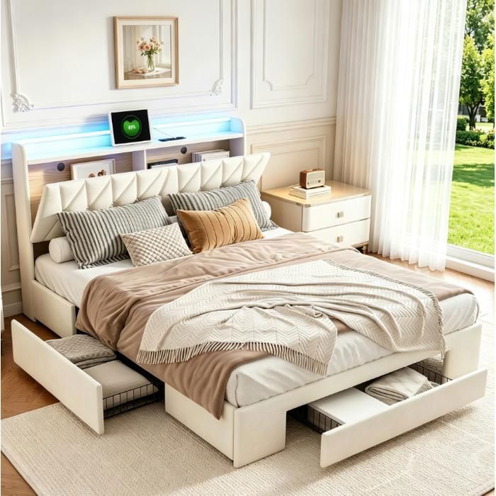 Lit 2 Places 140x200 cm avec Tiroirs de Rangement Tête de Lit avec Espace Caché LED Intégrée Port USB et Type-C Velours Beige