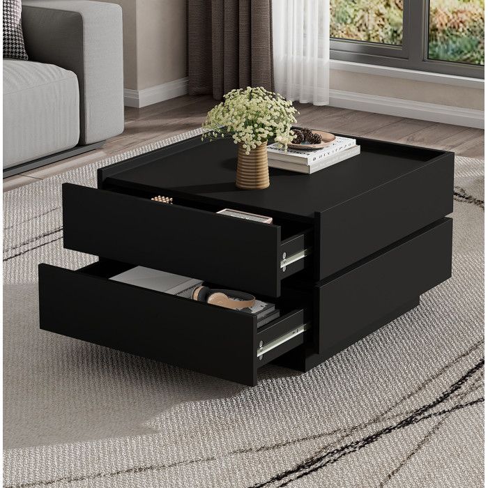 Table basse carrée AESVAR avec plateau rotatif 360° 2 tiroirs rangement noire 60 x 60 x 38 cm
