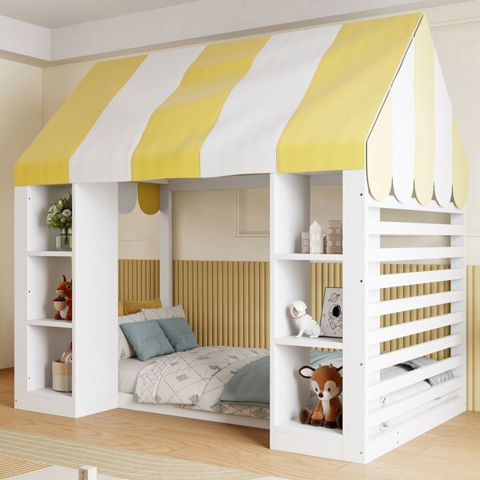 Lit Cabane Enfant - WESTYLE - 90x200 - Pin & MDF - Sommier 24 lattes inclus - 2 étagères blanches