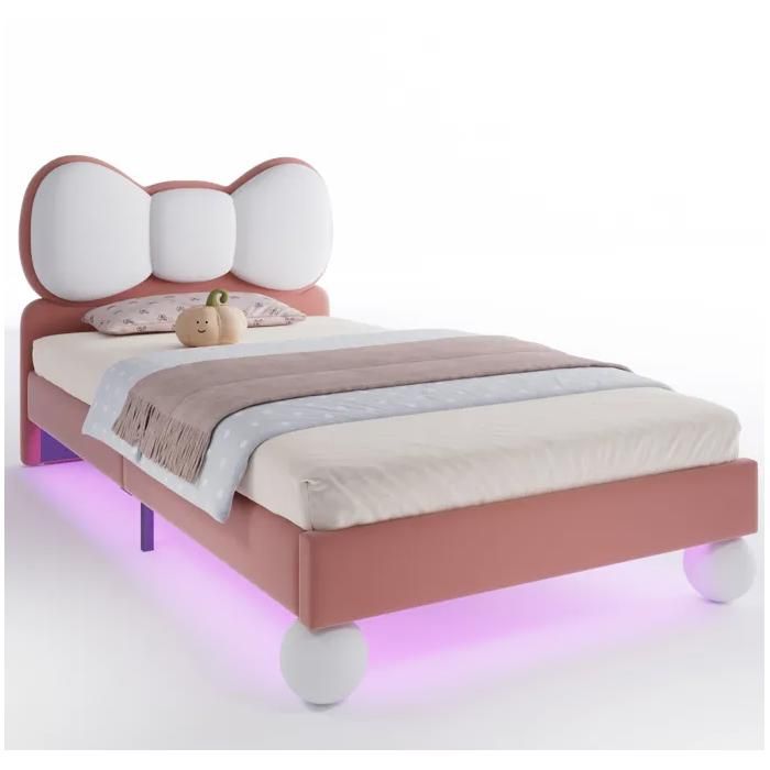 Lit enfant 90x200cm Velours Beige Rose LED réglable Sommier solide Tête de lit papillon Moderne Chambre Fille Garçon Montage facile