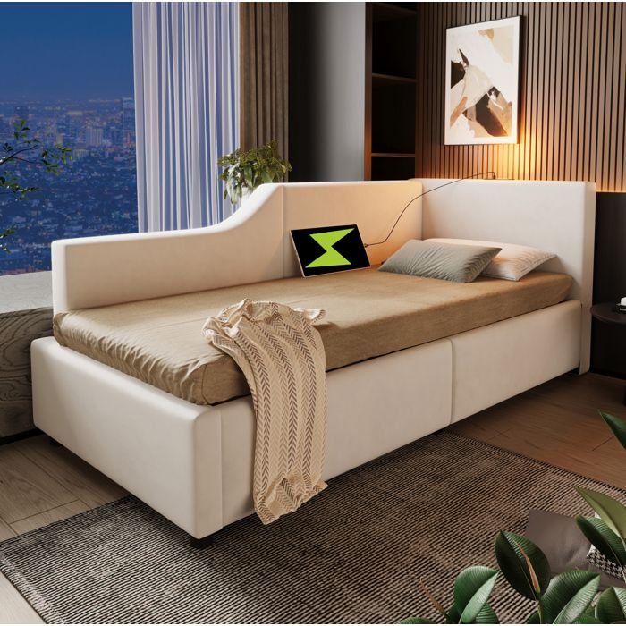 Lit coffre daybed 90 x 200 cm AESVAR en velours beige avec lampe de lecture et USB-C