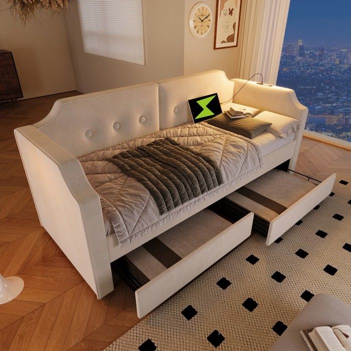 Lit canapé capitonné - Zephmum - 90x200 beige velours USB-C LED tiroirs lattes bois