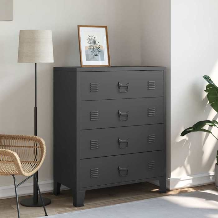 Noir Commode à tiroirs Métal Style Industriel 78x40x93 cm Noir - Meuble Rangement LV26175