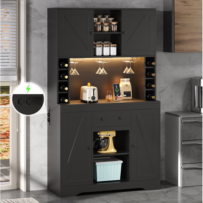 Buffet de cuisine vaisselier avec LED couleur changeante prises intégrées range-bouteilles et porte-verres noir FOLYNA