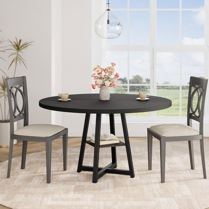 Table à manger ronde 120 cm - 4 à 6 personnes - Style industriel moderne - Étagère de rangement - Bois et métal