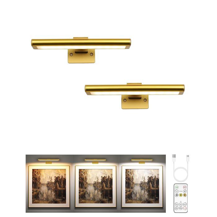 Applique murale LED rechargeable sans fil lot de 2 dorés 20 cm télécommande intensité réglable 3 températures minuterie IRC 90
