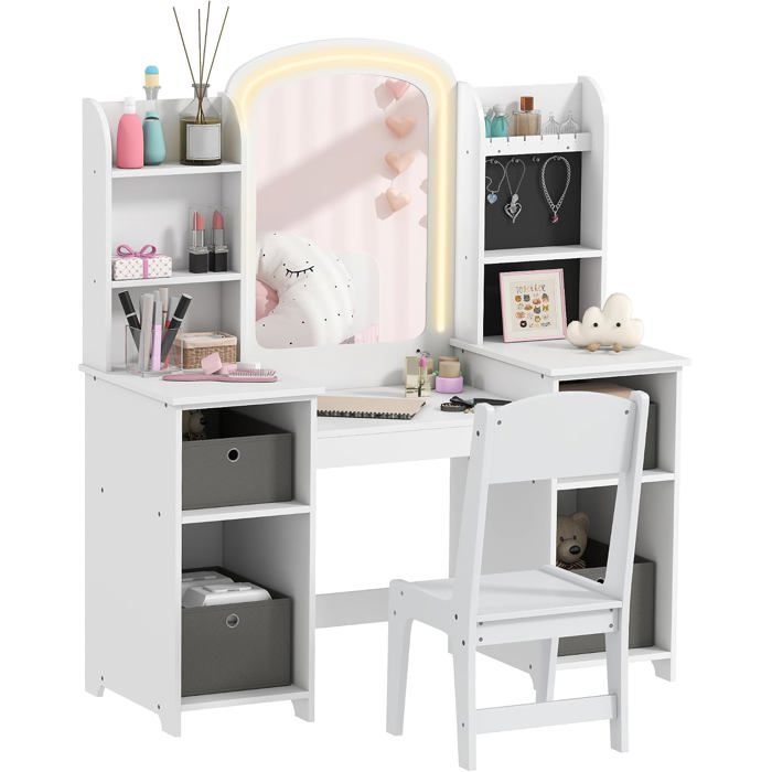AIYAPLAY Coiffeuse pour Enfants avec Miroir LED et Tabouret Bois et Tissu Blanc AIYAPLAY Coiffeuse pour Enfants avec Miroir LED et Tabouret Bois et Tissu Blanc