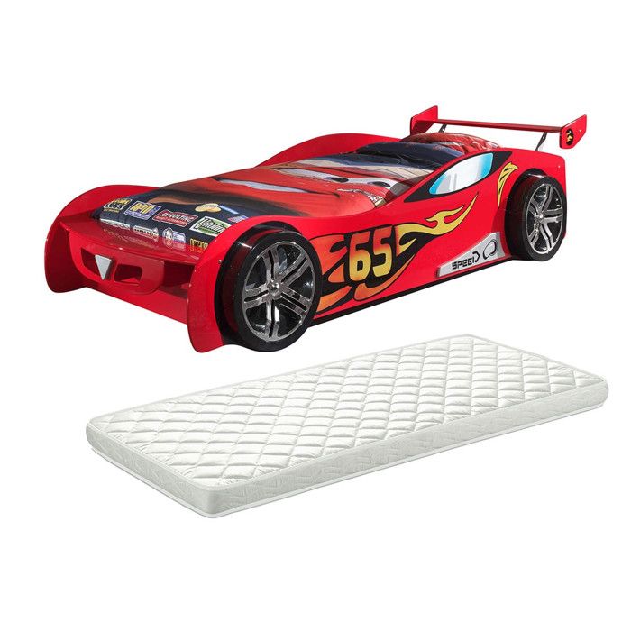 TURBO - Lit Voiture Racing 90x200cm Motifs Flammes + Matelas TURBO - Lit Voiture Racing 90x200cm Motifs Flammes + Matelas