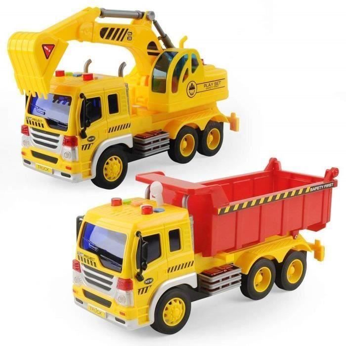 MOONTOY – Véhicules De Construction – Pelleteuse Et Camion Benne – Push And Go – Lumières Et Musique – Dès 12 Mois
