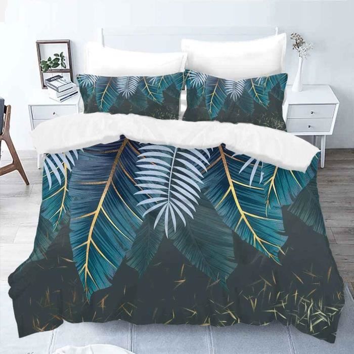 Housse De Couette Fusion Feuilles Tropicales - 200x200cm + 2 Taies Réversibles