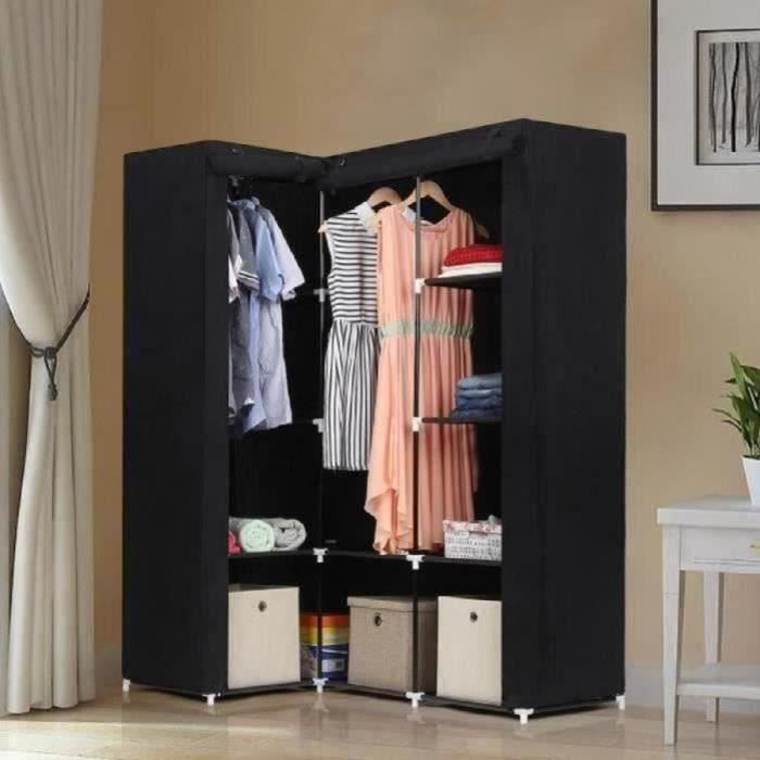Armoire dangle à 4 colonnes en forme de L avec 2 tringles à vêtements - Noir - Contemporain - Meuble de chambre