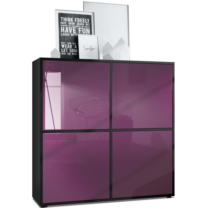 Vladon Highboard Cuba V2 104 x 105 5 x 35 5 cm Buffet haut à 8 compartiments en noir mat - façades en Mûre laqué haute brillance
