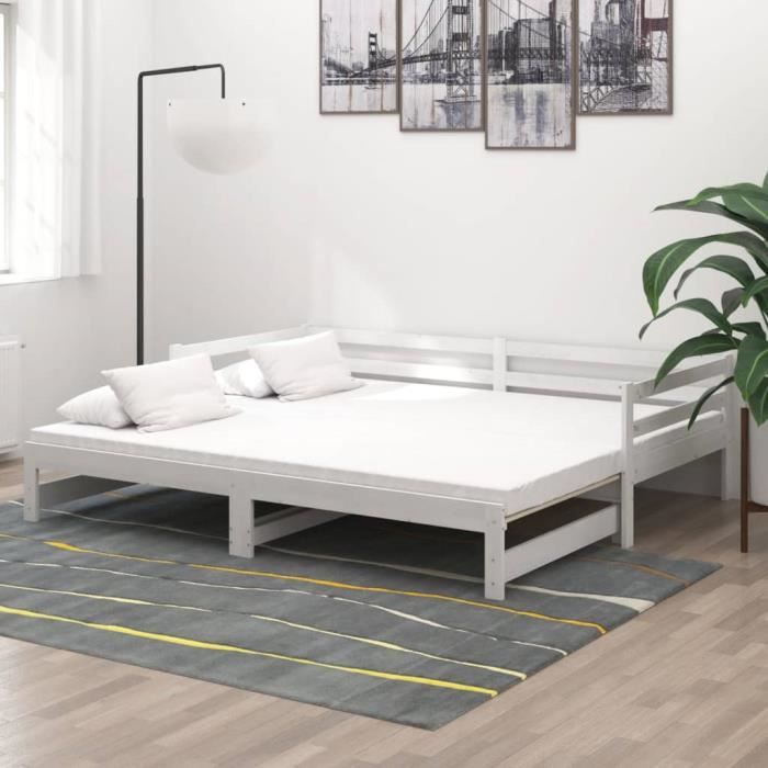 Lit coulissant - NEUF Canapé-lit contemporain Blanc Bois de pin massif 2x(90x200) cm