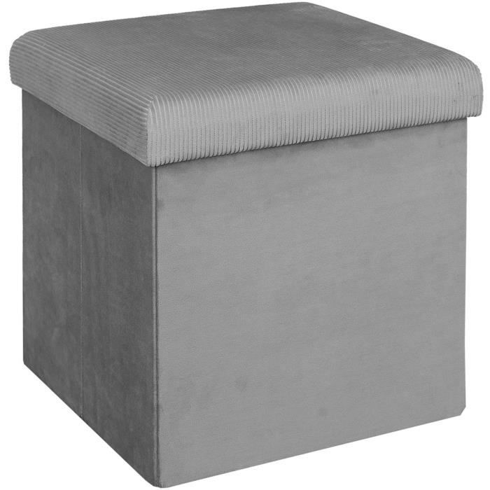home deco factory hd6810 pouf coffre de rangement pliable carré velours côtelé giulia gris h38 x 38 x 38 cm
