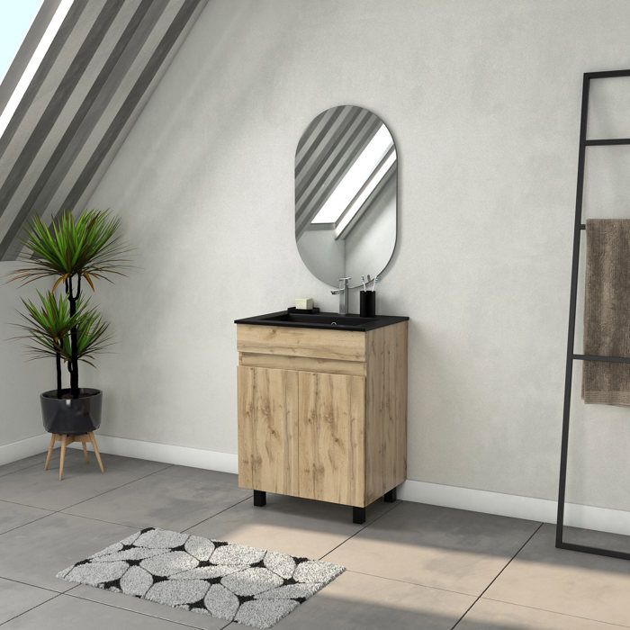 Meuble Salle de Bains 60cm 2 Portes Chêne Naturel + Vasque Noire et Miroir Ovale