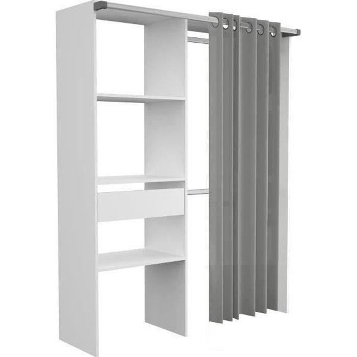 Dressing ARTIC - L1435 x P48 x H1819 cm - Blanc + rideau gris - Made in France