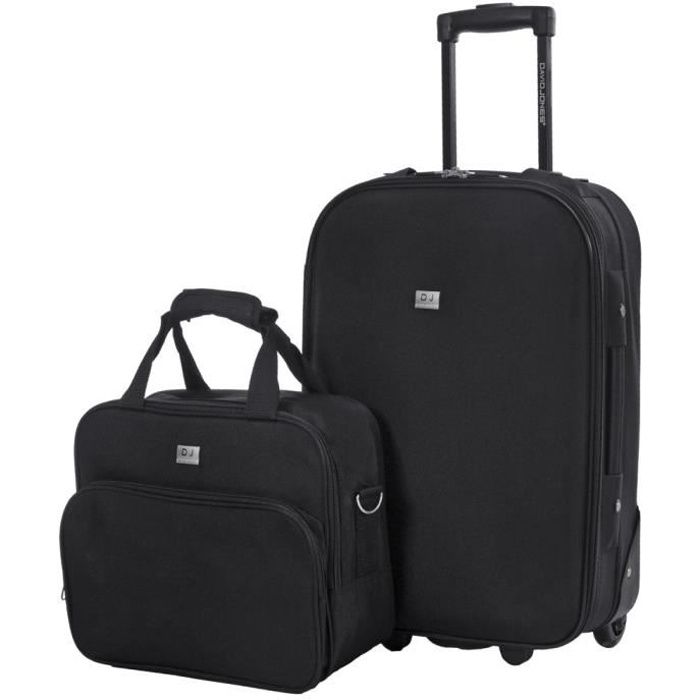 David Jones - Set Valise Cabine Souple + Mallette Voyage Vanity Toile Textile - Bagage à Main 55x35x20 - Trolley 2 Roues - Noir