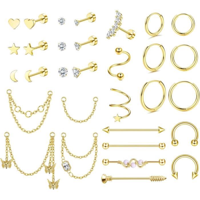 16 Pièces Boucles D'Oreilles Piercing Femme - Acier Inoxydable Hypoallergénique - Pour Lobe, Cartilage, Hélix, Tragus - Or Et Argent