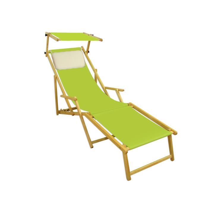 chaise longue de jardin vert pistache pliante, repose-pieds, pare-soleil, oreiller 10-306nfskh