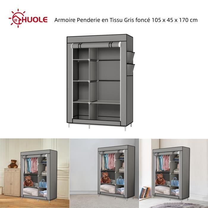 Armoire Penderie en Tissu HUOLE - Gris foncé - 5 compartiments - Barre de suspension - 105 x 45 x 170 cm