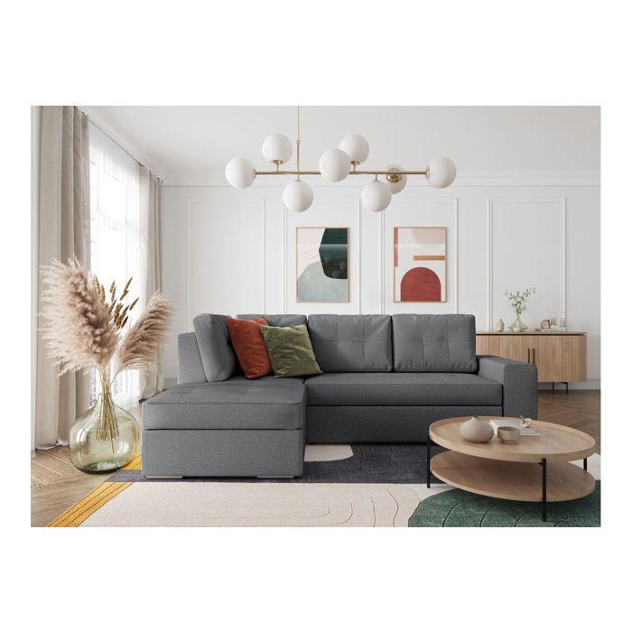 Canapé dangle gauche 3 places convertible ADEN avec coffre en tissu - Gris - L246 x P174 x H96cm - LOUNGITUDE Canapé dangle gauche 3 places convertible ADEN avec coffre en tissu - Gris - L246 x P174 x H96cm - LOUNGITUDE