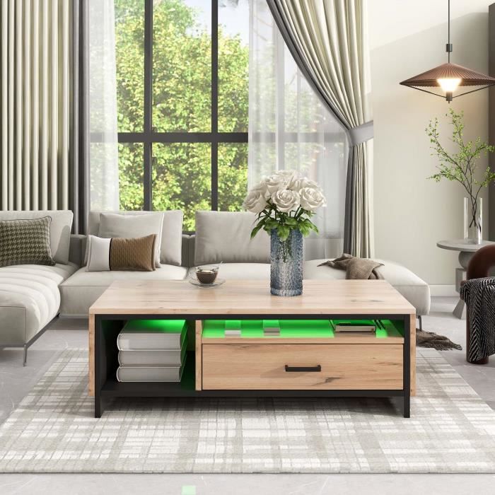 Table Basse LED 100 Cm, Table Basse Blanche Avec Rangement Ouvert