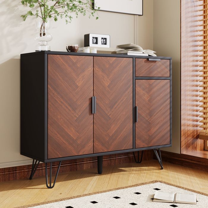 Buffet avec Placard 3 Portes+1 tiroir 90 x 72 x 30 cm Décor noyer et noir Meuble de Rangement Marron