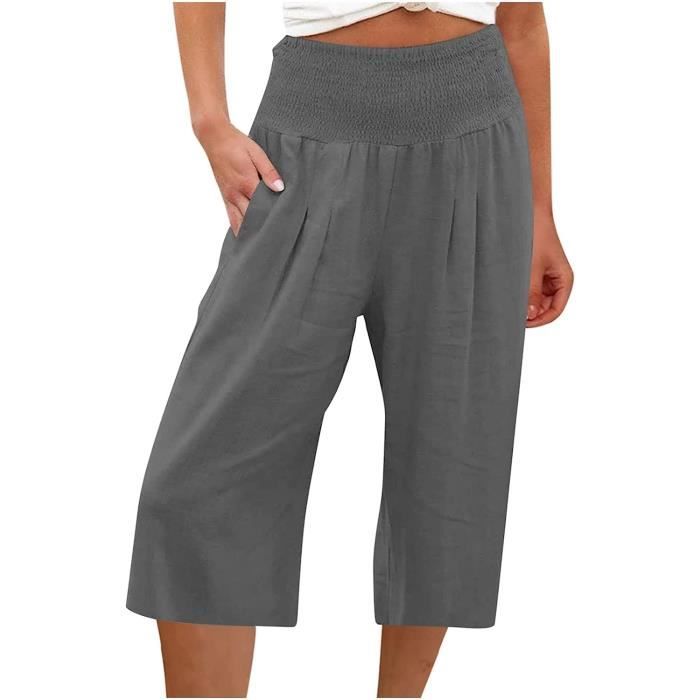 Pantalon Court Femme Été Pantacourt Fluide Jambe en Coton et Lin Pantalon de Jogging léger pour Femme Pantalon de Longueur 3/4 - B