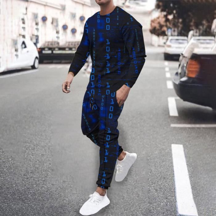 Ensemble Homme Sasaquoy Impression numerique col rond manches longues pantalon costume de sport decontracte a la mode Bleu Bleu Cdiscount Sport