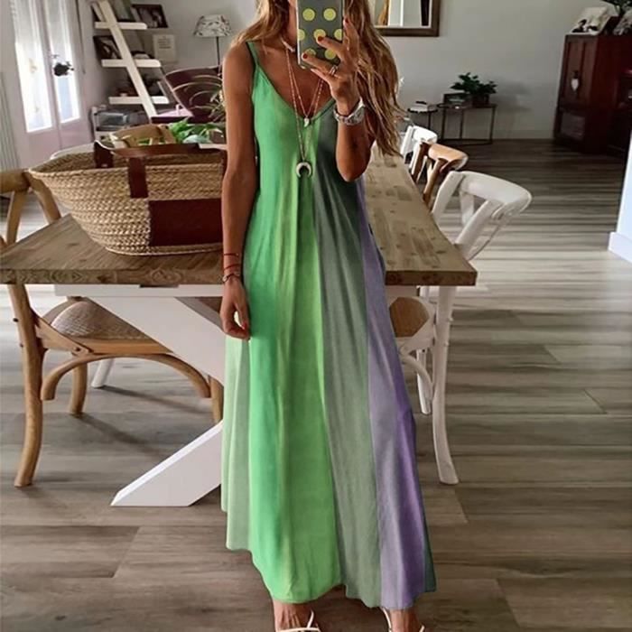 Robe longue sans manches a col en V pour femmes grande taille a rayures amples Vert Robe2020 Vert Cdiscount Pret a Porter