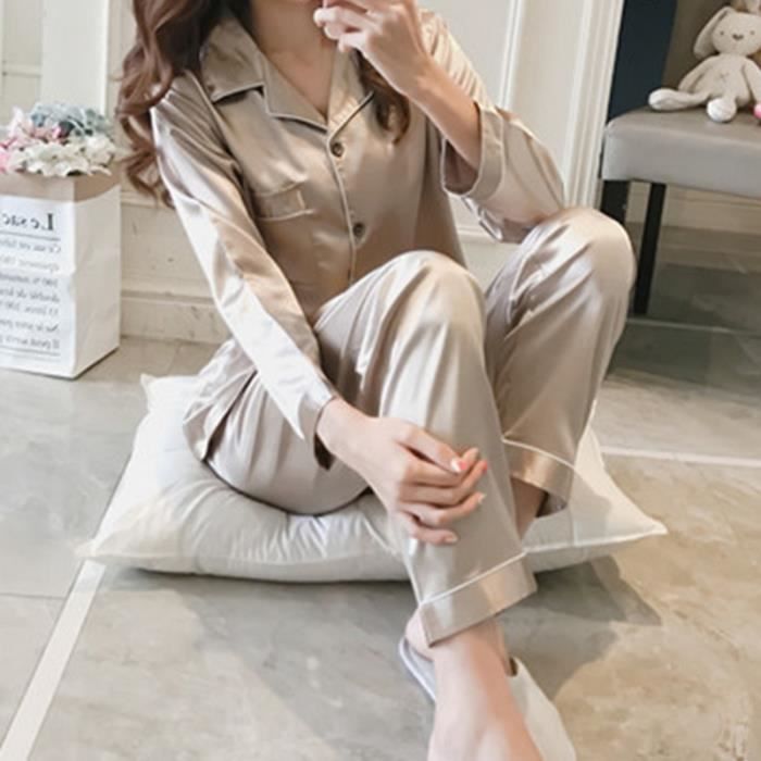 Pyjama en satin de soie,Automne pyjamas ensembles femmes soie à manches ...