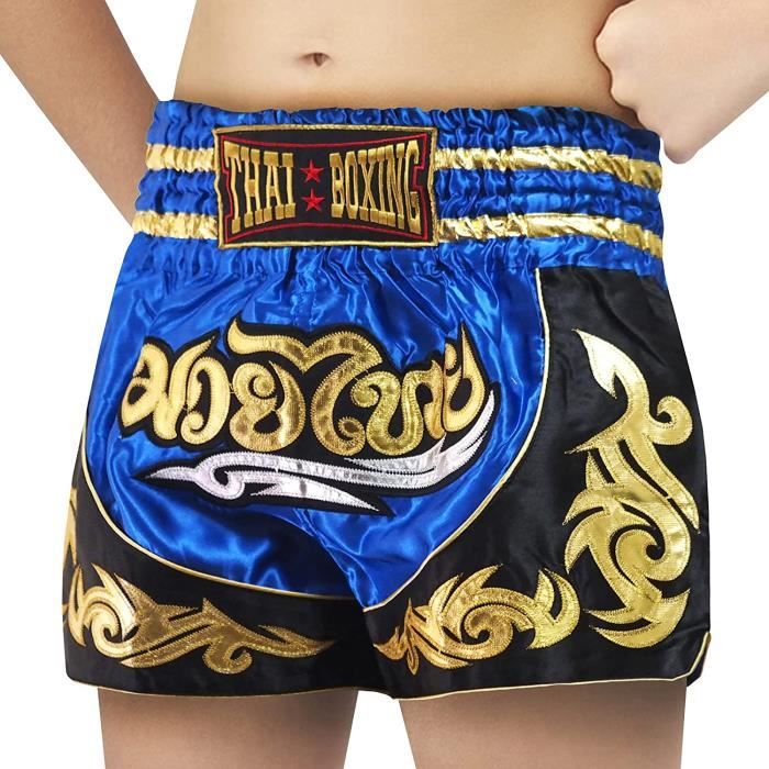 Short Enfant Traditionnel THAI Boxe Kickboxing Special Muay Thai MMA, Couleur Bleu, Taille Enfants 12-14 ANS