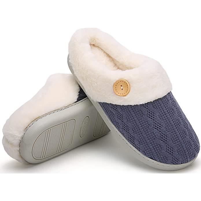 Chaussons Pantoufles Hiver Femme Slippers Fausse Fourrure Confortables Chausson Mousse a Memoire de Forme pour Femmes Hommes Bleu Fonce Cdiscount Chaussures