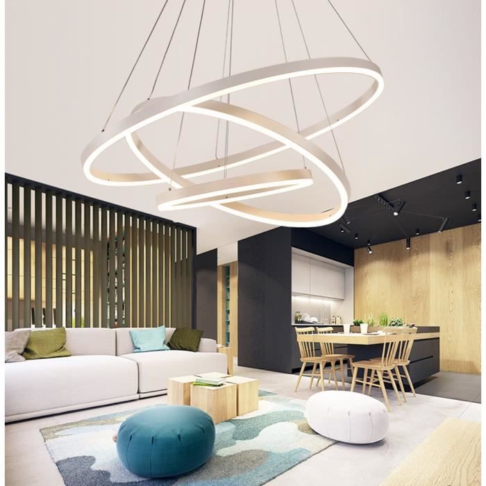 Dimmable Avec t/él/écommande Blanc Aluminium Acrylique Salon Lustre Moderne Circulaire Salle /à manger Lumi/ère Pendante Chambre Bureau /Étude Lampe Suspension 95W 30+50+70cm LED 3 Anneaux Suspension