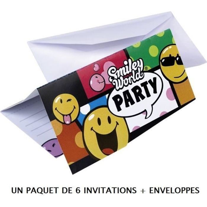 6 CARTES D'INVITATION + ENVELOPPE ANNIVERSAIRE FÊTE SMILEY WORLD