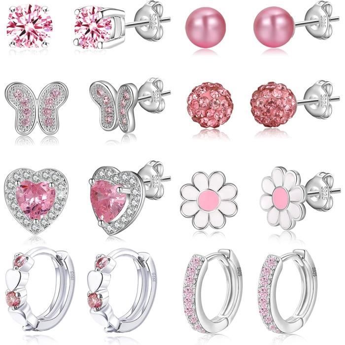 Boucles D'oreilles Enfants Argent 925 - Cochon En Cristal Rose Et Violet - Gailies