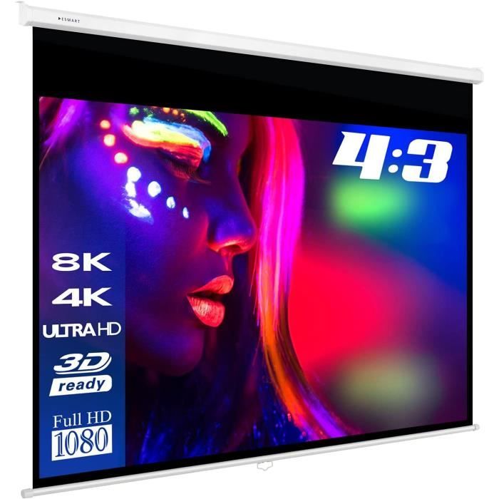 Écran Projecteur Manuel Enroulable 72 Pouces 4:3 - HD 4K Pour Home Cinéma Intérieur Extérieur
