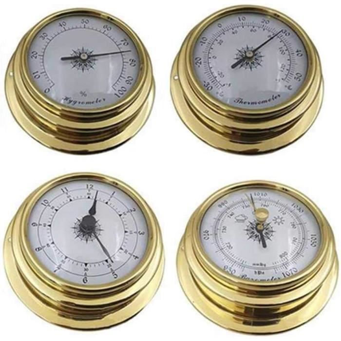 Station Météo 4 En 1 - Thermomètre, Hygromètre, Baromètre, Horloge Laiton Pour Bateau Ou Maison
