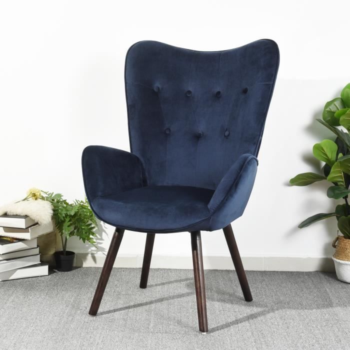 un fauteuil de relax scandinave bleu velours pied marron 68x73x106cm