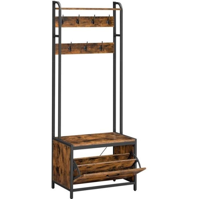 Meuble d’Entrée avec Banc 7 Crochets et Étagère - Style Industriel - Marron Rustique et Noir