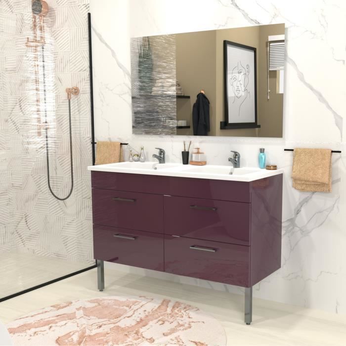 WEBER Salle de bain complète double vasque L 120 cm - Aubergine brillant - REGA