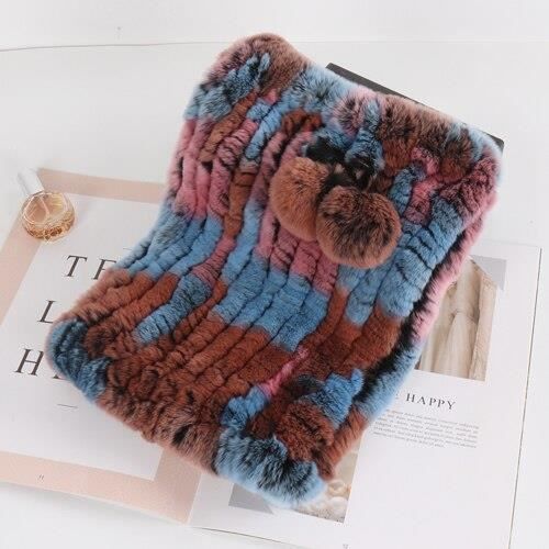 Écharpe D'hiver En Véritable Fourrure De Lapin Rex Avec Pompon Renard - Longueur 180 Cm, Largeur 13 Cm - Pour Femmes