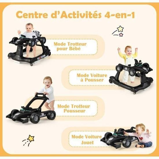 LIFEZEAL Trotteur Bébé 4 En 1 Évolutif - Chariot De Marche Pliable Avec Musique, Lumières & 3 Hauteurs Réglables, Roues Universelles, Pour Garçon Fille 6-18 Mois Jusqu'à 12 Kg