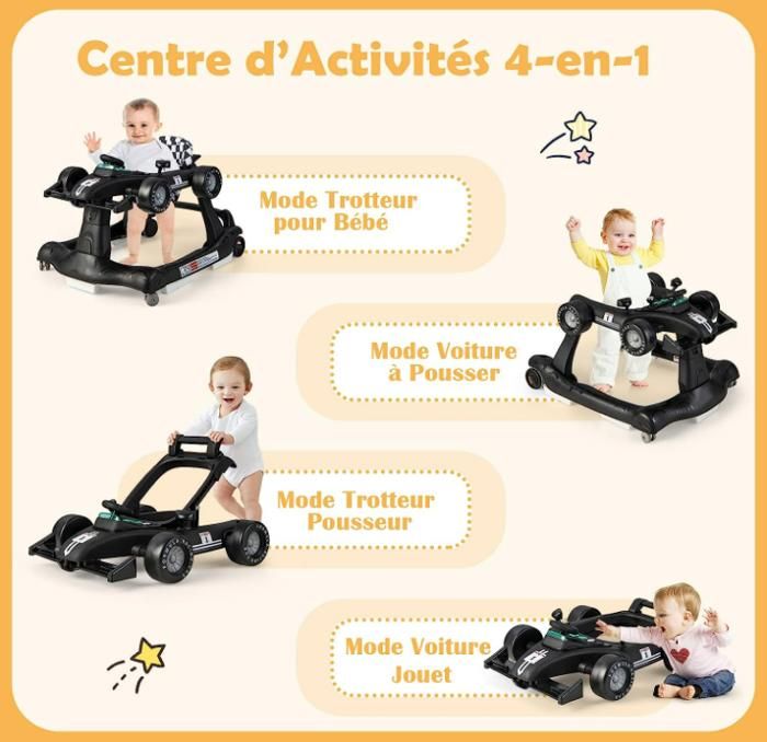 DREAMADE Trotteur Bébé Evolutif 3 en 1 Pliable avec Hauteur Réglable,  Musique et Lumière, Forme de Voiture, pour 6-18 Mois, Bleu - Cdiscount  Puériculture & Eveil bébé